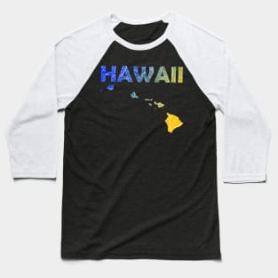 Colorful mandala art map of Hawaii with text in blue and yellow Baseball T-Shirt